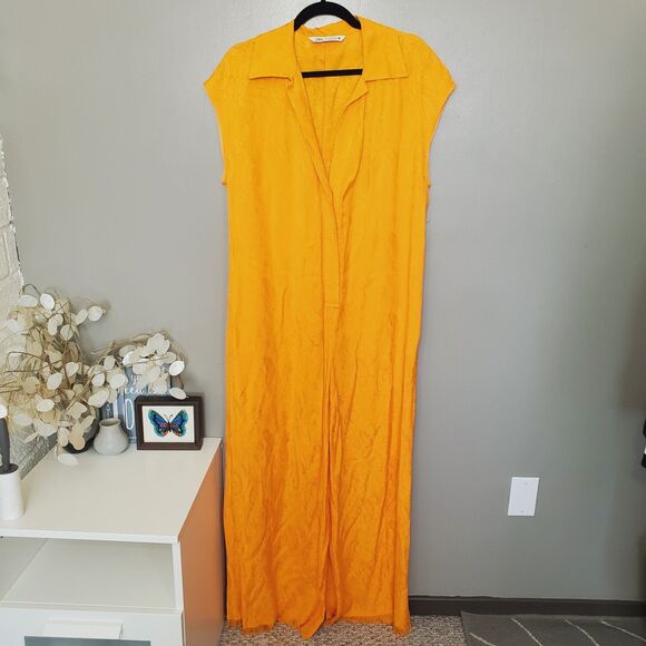Zara Jumpsuit Womens Size Large Orange Yellow Jacquard Full Length Frayed Hem - Picture 2 of 11